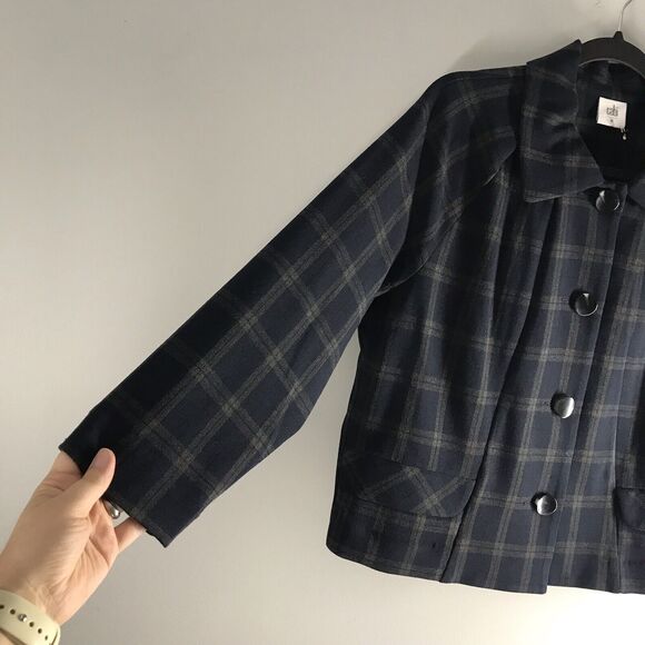 CAbi 3551 Size Medium Blue Plaid 3/4 Sleeve Jacket Button Front Blazer Academia - Picture 2 of 14